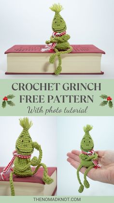 the crochet grinch is sitting on top of a book and holding it in one hand