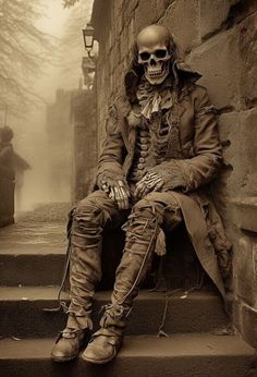 a skeleton sitting on some steps with his hands in his pockets and headphones to his ear