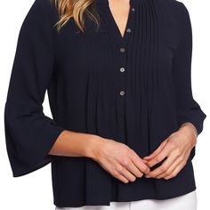 Polished Pintucks Add Fullness To The Front And Flair To The Bell Sleeves Of This Soft And Stylish Top From Cece. Color Caviar Approx. Model Height Is 5'10" And She Is Wearing A Size Small Hits At Hip; Approx. 24-1/2" Long Round Neckline; Button-Front Closure Pintucks At Center Front Bell 3/4-Sleeves With Pintuck Trim And Ruffled Cuffs Polyester/Spandex Machine Washable Fitted Blue Tops With Button Cuffs, Classic Tops With 3/4 Sleeve And Button Cuffs, Blue Peasant Style V-neck Top, Denim Blue Button-up Tencel Tops, Blue Tencel Button-up Top, Stylish Top, Daytime Dresses, Tailored Design, Plus Size Activewear