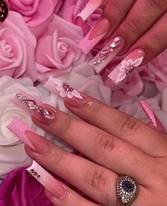 Dior Foil Nails, Pink Nail Inspo, Jean Ideas, Kylie Nails, Girly Acrylic