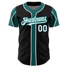 a black and green baseball jersey with the word your team's on it in white lettering