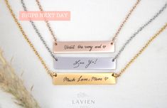 "Item Details: *Material: High Quality Stainless Steel *Finish: 18K Gold, Rose Gold, Sterling Silver *Chain Thickness: 0.05\" (1.5mm), Chain Length: 18\" + 2\" extension (45 cm + 5 cm extension) *Bar Size: Approx. 1.42\" x 0.27\" (36 mm x 7 mm) *All jewelry is custom made by hand with love and care ♥ Personalization Ideas: You can personalize your jewelry with - your name and your loved ones' names - name of your children or grandchildren - coordinates of a special place - memorable dates (anniv Personalization Ideas, Handwriting Necklace Custom, Handwriting Necklace, Handwriting Jewelry, Christmas Necklace, Mom Christmas, Christmas Mom, Memorial Keepsakes, Gift For Wife