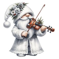 santa claus playing the violin with holly wreaths on his head and white fur coat