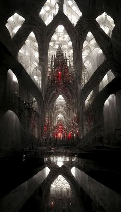 the interior of a cathedral with red lights