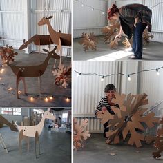 four pictures of people making wooden reindeer sculptures in various stages of construction, with string lights strung from the ceiling