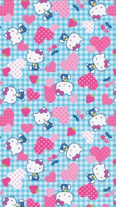 a blue and white checkered background with hello kitty hearts