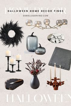 an assortment of halloween items including candles, wreaths and other decorations on a white background