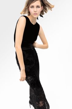 Description Black Column, Long dress Sleeveless Jewel neckline Lace Dry Clean Made in Spain SKU 22-91/22-20178 Sabrina Neckline, Minimal Top, Match Outfits, Black Velvet Top, Black Fr, Black Lace Skirt, Bridal Consultant, Lace Midi Skirt, Jewel Neckline