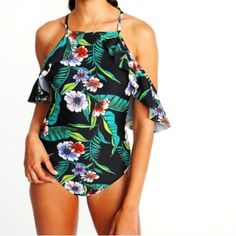 New With Tags, Old Navy Cold Shoulder Black Floral One Piece Swimsuit Size L/Tall -High Neckline With Spaghetti Straps -Shoulder Cutouts With Ruffled Sleeves -Soft Built-In Pads -Smooth Nylon With Comfortable Stretch And Full Lining Black Tropical Swimwear For Spring, Black Floral Print Swimwear For Party, Spring Printed Black Swimwear, Spring Black Printed Swimwear, Black Stretch Swimwear With Floral Print, Chic Black Printed Swimwear, Black Floral Print Swimwear For Spring, Casual Black Swimwear With Floral Print, Black Floral Print Swimwear