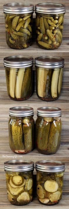 pickles and bananas in jars on a wooden table