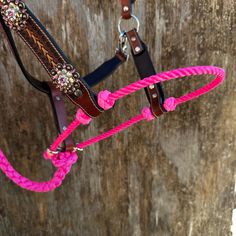 a close up of a horse's bridle with pink rope and beads