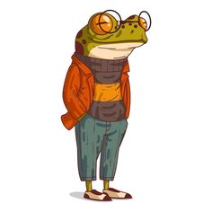 a frog with glasses and a backpack on his back is standing in front of the camera