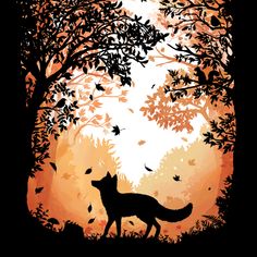 the silhouette of a fox standing in front of a tree with leaves flying around it