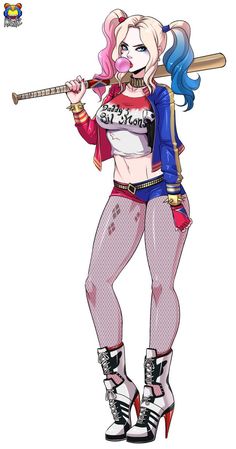 a drawing of a girl with pink hair holding a baseball bat and wearing rollerblades