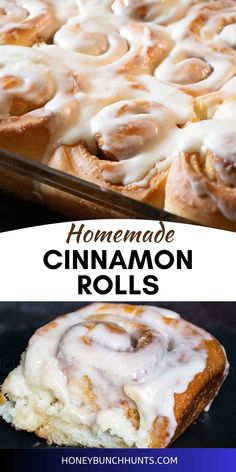 homemade cinnamon rolls with icing in a pan