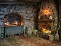 an old stone fireplace in a room with brick flooring and walls, along with other items