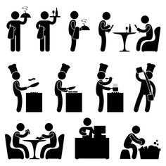 black and white silhouettes of people at different stages of eating, drinking and talking