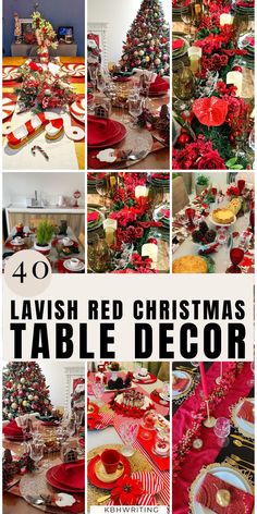 a collage of photos with red christmas table decor