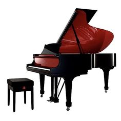 a black piano with a red case next to a stool and footstool on a white background