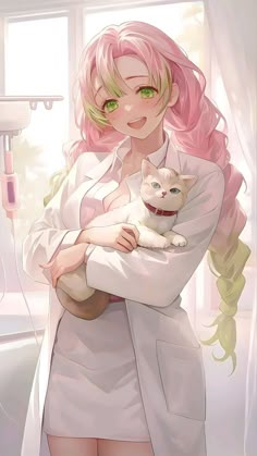 a woman with pink hair holding a cat