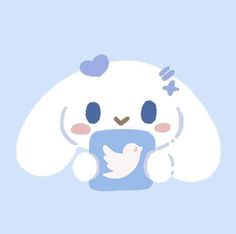 a cute bunny holding a cup with a bird on it