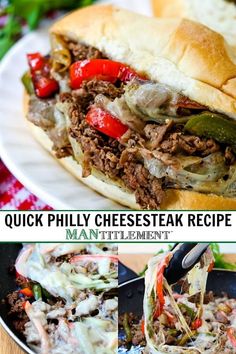 two pictures with different types of meat and vegetables on them, one has cheesesteak