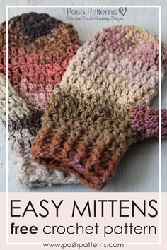 four crocheted mittens with text overlay that says easy mittens free crochet pattern