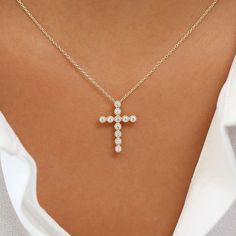 14K Gold Bezel Setting With Milgrain Diamond Cross Necklace – FERKOS FJ Affordable Anniversary Cross Pendant Necklace, Luxury Elegant Cross Necklace With Diamond Accents, Cheap Wedding Jewelry With Cross Pendant, Cheap Wedding Jewelry Cross Pendant, Luxury Cross Pendant Necklace For Women, Cheap Anniversary Cross Pendant Necklace, Affordable Women's Cross Pendant Necklace, Luxury Single Cut Diamond Cross Pendant Necklace, Luxury Cross Diamond Necklace