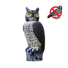 an owl statue sitting on top of a wooden stump next to a no bird sign