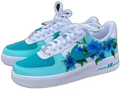 Custom Blue Hand Painted Sneakers, Custom Hand Painted Blue Sneakers, Blue Low-top Sneakers For Gift, Custom Air Force 1, Flowers Blue, Jd Sports, Shoe Style, Air Force 1, Air Force