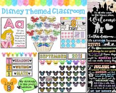 the disney themed classroom poster is shown in different colors and styles, including black, white,