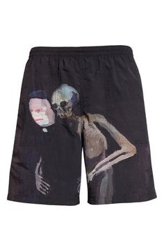 Artwork by Berlin-based painter and sculptor Helen Verhoeven brings an element of the macabre to these pull-on shorts crafted of nylon taffeta. Elastic waist Side-seam zip pockets; back zip pocket 100% nylon Dry clean Imported Designer Clothing Asian Owned/Founded Helen Verhoeven, Print Shorts, Sculptor, Printed Shorts, Zip Pockets, Designer Clothing, Painter, Berlin, Elastic Waist