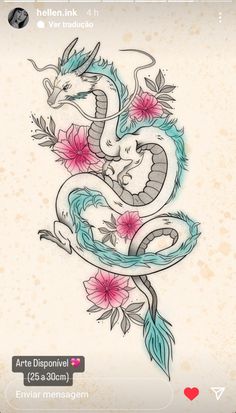 an image of a dragon and flower tattoo design on a phone screen with the text art disponivel