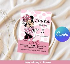 a pink minnie mouse birthday party card