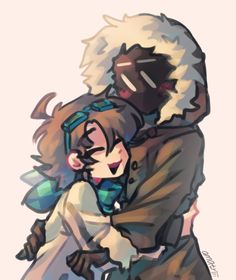 two people are hugging each other while wearing winter clothes