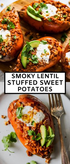 the stuffed sweet potatoes are topped with avocado and feta cheese on top