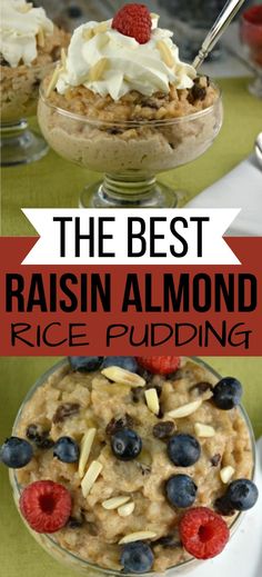 Collage of dish full of raisin almond rice pudding at top and bottom. Almond Rice, Rice Pudding, Old Fashioned Christmas, Maple Syrup, Stove Top, Raisin, Whipped Cream, Syrup, Breakfast Brunch