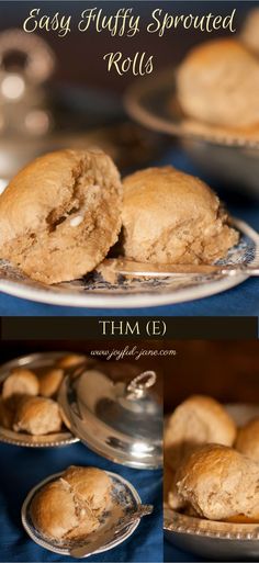 three different views of homemade buttery sprouted rolls on a silver platter