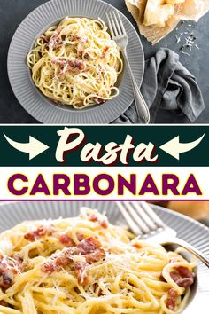 pasta carbonara with bacon and parmesan cheese on top