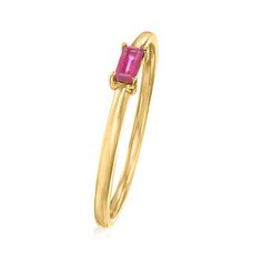 Ross-Simons - .10 Carat Ruby Ring in 14kt Yellow Gold. Size 5. RS Pure. Modern designs that complete your outfit and complement your personality. Yearning for color in your stack? Go with this dainty ring! It features a .10 carat baguette ruby stationed on the center of the simple 14kt yellow gold band. 1/16" wide. Ruby ring. Ruby birthstones are the perfect gift for July birthdays. Amethyst Studs, Ruby Birthstone, Ring Ruby, Fine Jewelery, Amethyst Color, Natural Gold, Amethyst Bracelet, Amethyst Beads, Amethyst Necklace