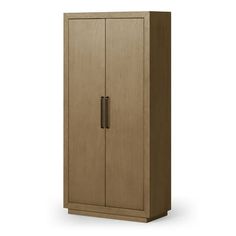 a tall wooden cabinet with two doors on one side and an open door on the other