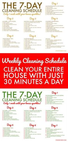 the 7 day cleaning schedule is shown in red, green and white with text on it