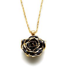 Our Midnight Promise Eternal Necklace will charm the one you love with its stunningly dark real rose petals and enchanting gold adornment. Symbolic of undying love and life-long commitment, your special someone will treasure our unique floral necklace forever. The expert craftsmanship of our skilled artisans is revealed in the rich details of our Eternal Necklaces. Our roses are handpicked for perfection, dipped in 24k gold, and preserved with a polished lacquer so that your gift will last forev Gold Elegant Necklace With Rose Design, Elegant Gold Necklaces With Rose Details, Elegant Gold Necklace With Rose Design, Elegant Gold Necklaces With Roses, Formal Gold Jewelry With Rose Design, Luxury Rose Design Jewelry As A Gift, Elegant Black Jewelry With Rose Design, Elegant Rose Details Jewelry For Party, Black Necklace With Rose Design As Gift