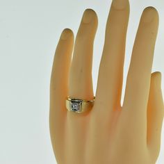 14K Yellow Gold Diamond Ring, brushed finish, top shank, white gold square top prong set, center diamond round brilliant cut, 3.6mm center, 3/8th inch across, Ring size 11 3/4, Circa 1950, 8.6 grams SKU # BB278MR16 This listing contains photographs of the actual item you will receive. Our items are in excellent condition with little or no signs of wear and many are one of a kind pre-owned estate finds. Please look closely at the pictures in this listing as they are part of the product descriptio Modern Formal Signet Ring With Single Diamond, Modern White Gold Diamond Ring Stamped 14k, Formal Diamond Ring With Tension Setting, Formal Fine Jewelry Diamond Ring With Tension Setting, Formal Tension Setting Diamond Ring, 14k Gold Square Cut Single Diamond Ring, Formal Single Diamond Ring, Classic Square Cut Signet Ring For Anniversary, Classic Rectangular Diamond Signet Ring