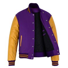 Varsity Letterman Baseball Purple Wool and Gold Genuine Leather Sleeves Jacket with Gold Trims If your required Size & Color Combination is not listed then please contact with us We will respond you as soon as possible the estimated time is 12 Hours, All Sizes & Color Combinations are Available. The quality of the varsity jacket is the finest in the field. 100% high quality Wool. A fine quilt lining with Wool trimmed inside pocket are all part of the complete package. Each varsity jacket design Winter College Purple Outerwear, Winter College Outerwear In Purple, Winter Purple Outerwear, Fitted Fall Outerwear With Contrast Trim, Fitted Outerwear With Contrast Trim For Fall, Winter Varsity Outerwear With Contrast Trim, Varsity Outerwear With Contrast Trim For Winter, Purple Varsity Outerwear For College, Varsity Purple Outerwear For Fall