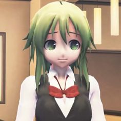 an anime character with green hair and red bow tie standing in front of a mirror