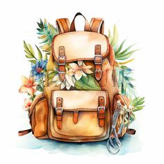 a watercolor painting of a backpack with flowers on the front, and a pair of scissors next to it