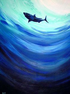 a painting of a shark swimming in the ocean