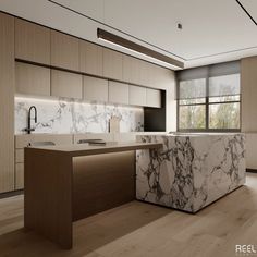 a large kitchen with marble counter tops and wooden cabinets, along with an island in the middle