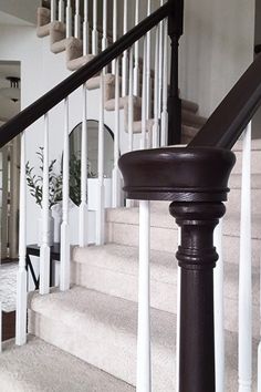 there is a cat sitting on the stairs next to the bannister in this house